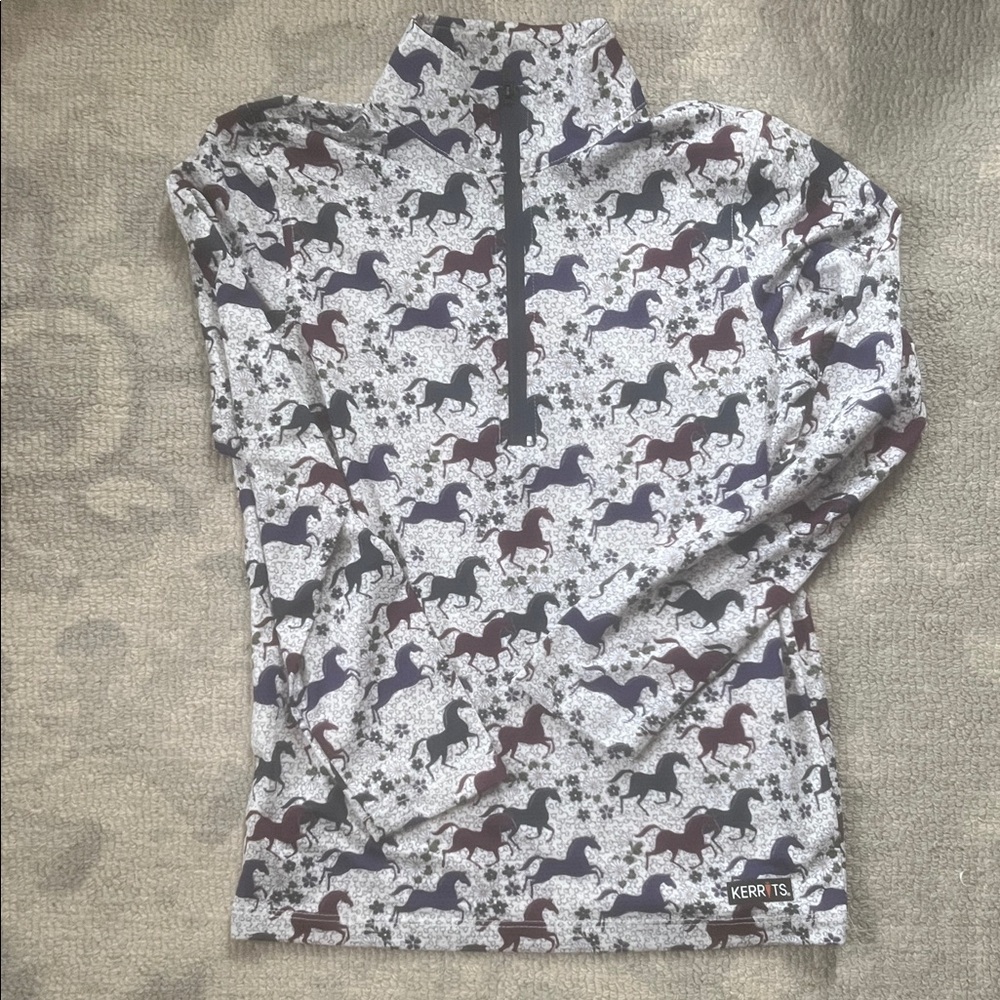 Kerrits Girls' White Long-Sleeve 1/4 Zip Horse Print Top